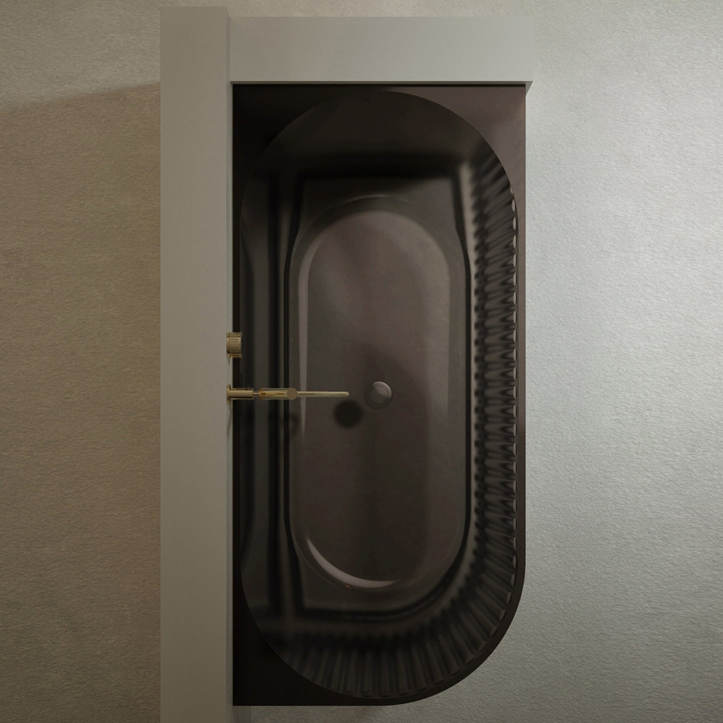 Bewater Eck-Badewanne rechts, mit vertikal geriffelter Außenstruktur, aus Polyresin, inkl. Ab- und Überlauflaufgarnitur