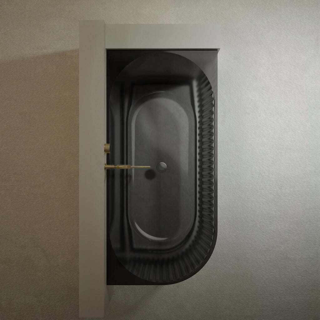 Bewater cornerbathtub right, with vertically grooved outer structure, made of polyresin, including waste and overflow fittings