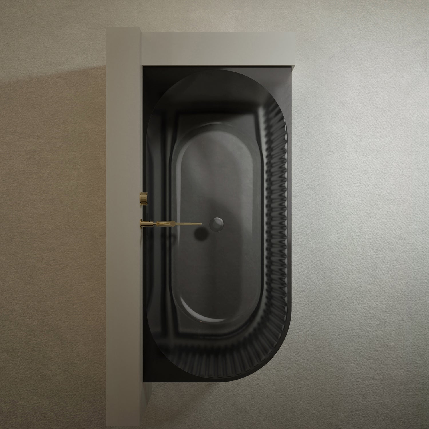 Bewater cornerbathtub right, with vertically grooved outer structure, made of polyresin, including waste and overflow fittings