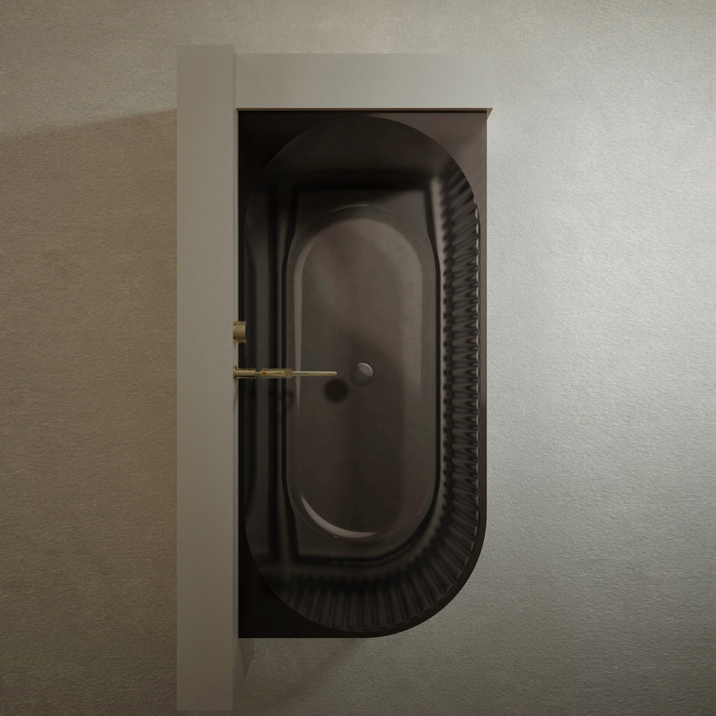 Bewater cornerbathtub right, with vertically grooved outer structure, made of polyresin, including waste and overflow fittings