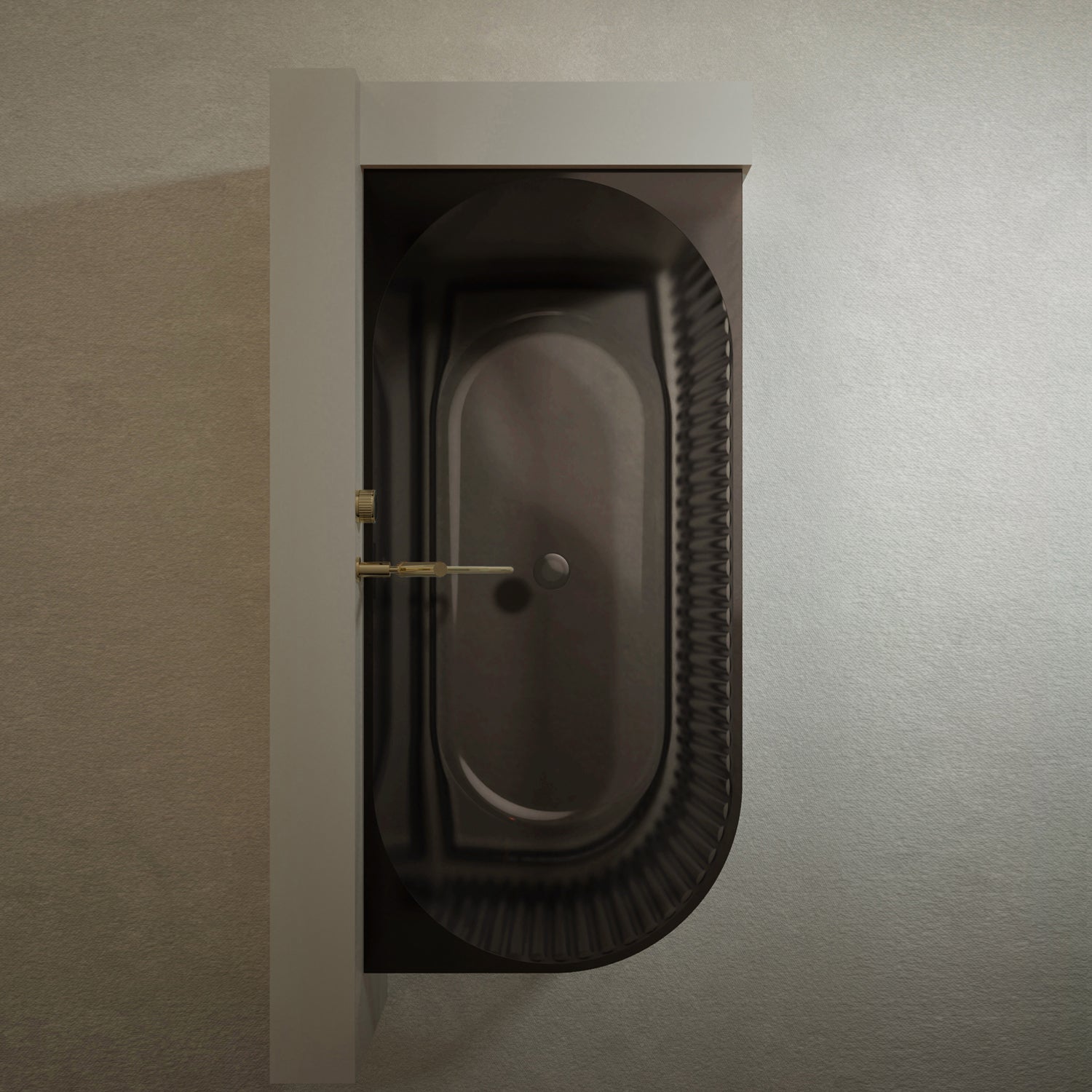 Bewater cornerbathtub right, with vertically grooved outer structure, made of polyresin, including waste and overflow fittings