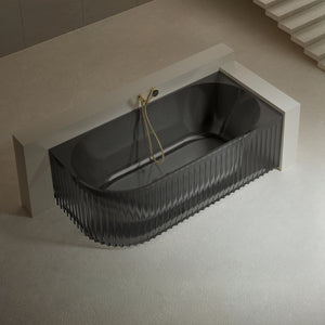 Bewater cornerbathtub right, with vertically grooved outer structure, made of polyresin, including waste and overflow fittings