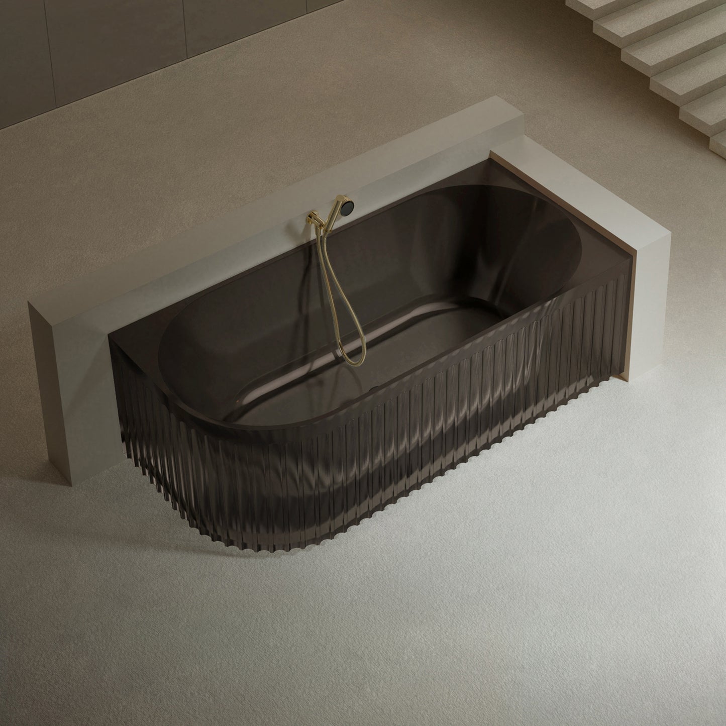 Bewater Eck-Badewanne rechts, mit vertikal geriffelter Außenstruktur, aus Polyresin, inkl. Ab- und Überlauflaufgarnitur