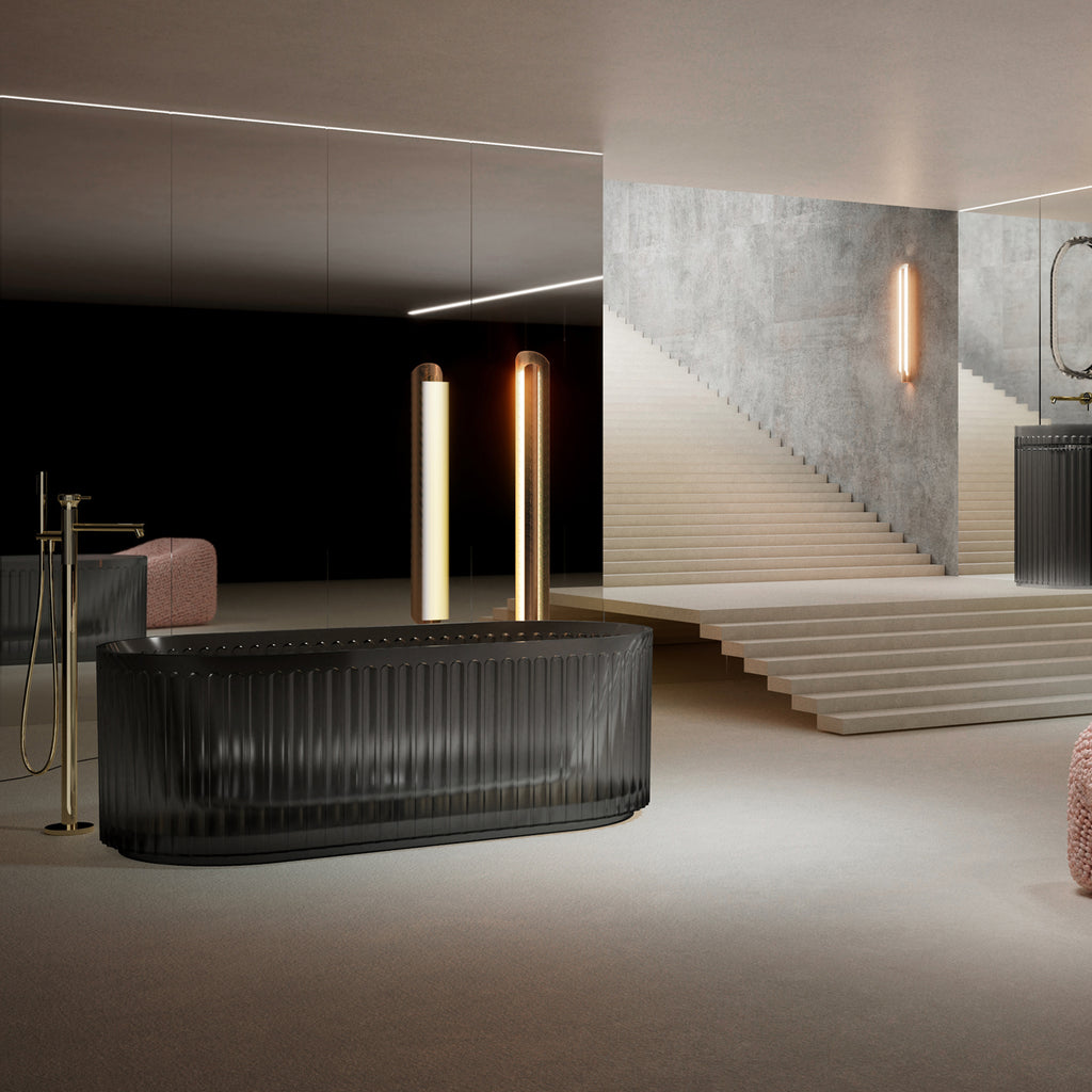 Bewater Freestanding bathtub, with vertically grooved outer structure, including drain fitting