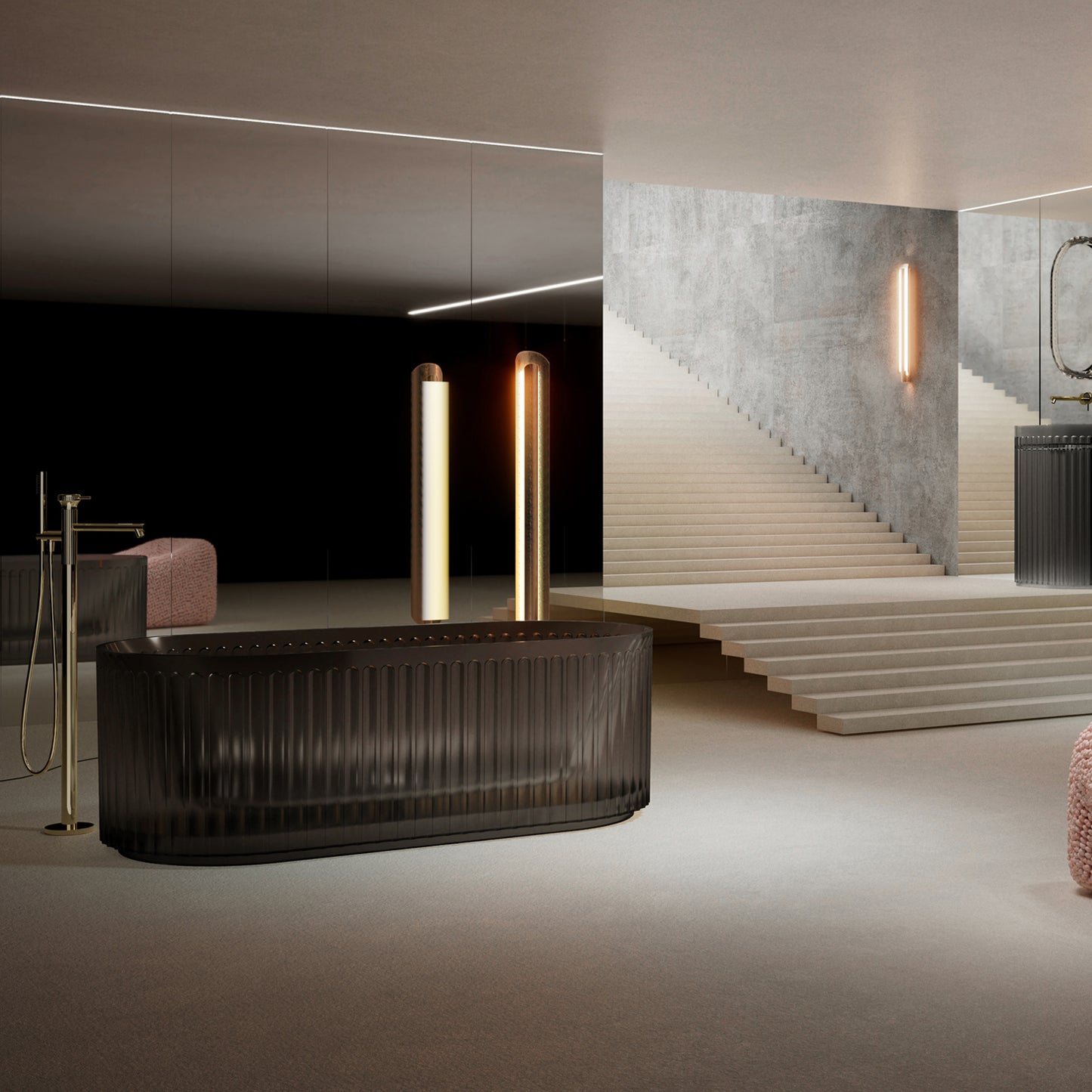 Bewater freistehende Badewanne, mit vertikal geriffelter Außenstruktur, inkl. Ablauflaufgarnitur