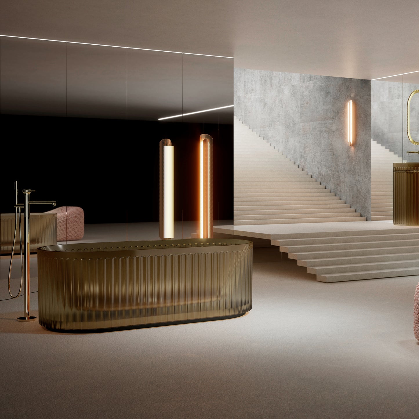 Bewater freistehende Badewanne, mit vertikal geriffelter Außenstruktur, inkl. Ablauflaufgarnitur