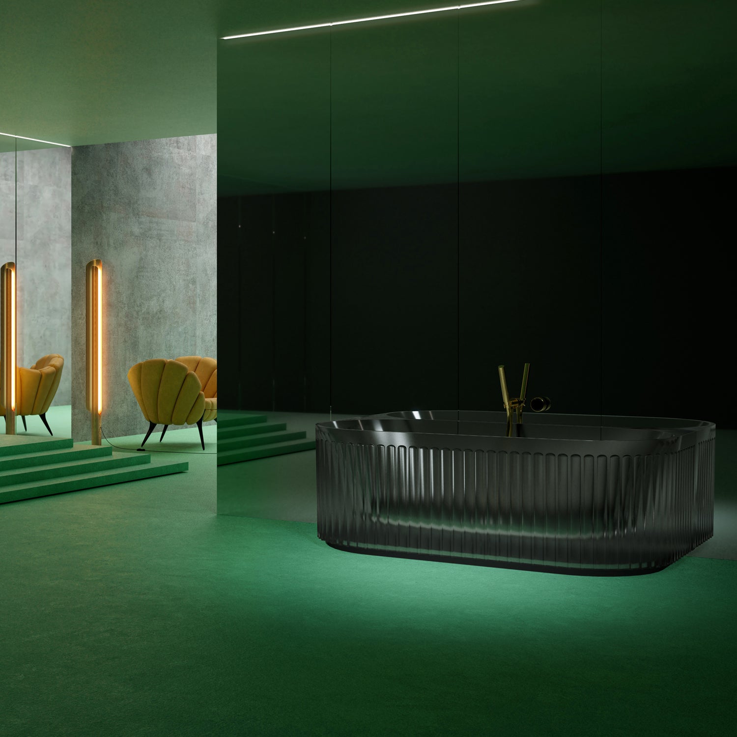 Bewater pretextbathtub Made of polyresin, with a vertically grooved outer structure, including drain fitting