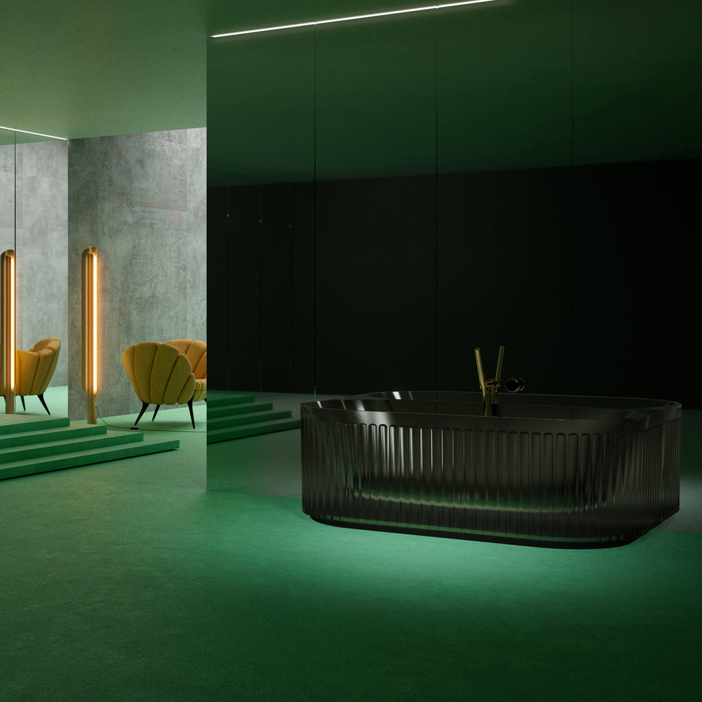 Bewater pretextbathtub Made of polyresin, with a vertically grooved outer structure, including drain fitting