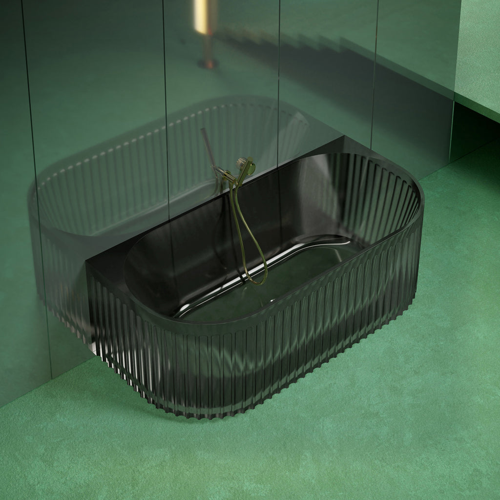 Bewater pretextbathtub Made of polyresin, with a vertically grooved outer structure, including drain fitting