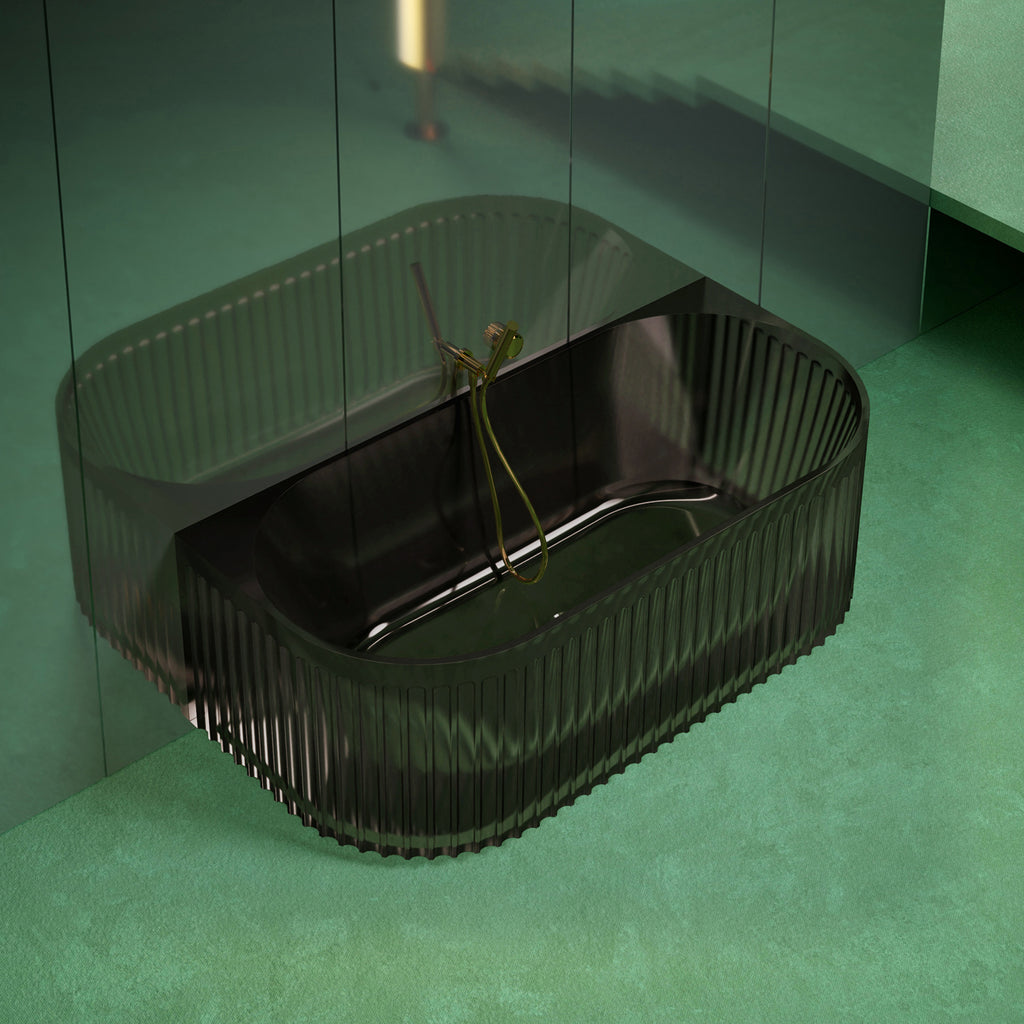 Bewater pretextbathtub Made of polyresin, with a vertically grooved outer structure, including drain fitting
