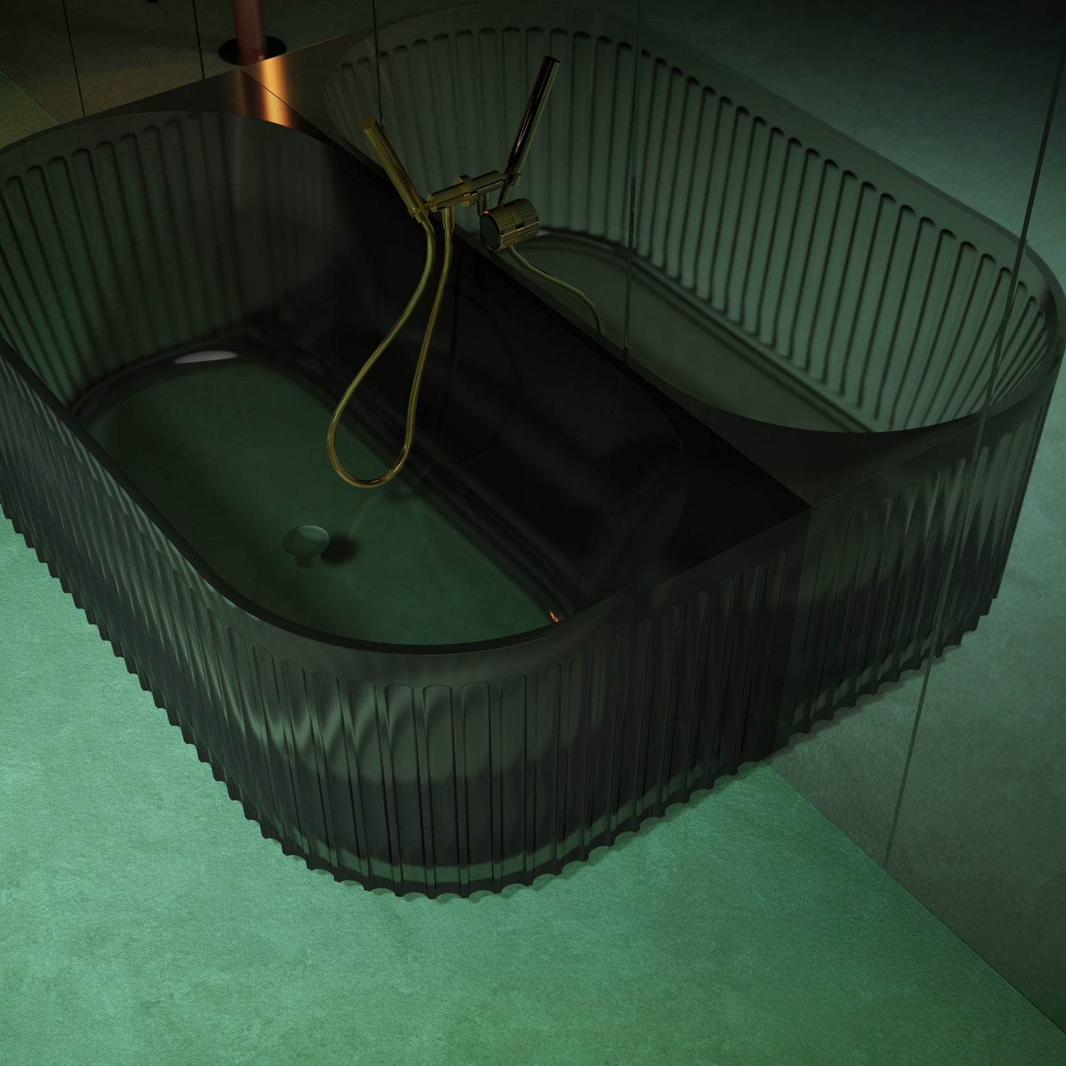 Bewater pretextbathtub Made of polyresin, with a vertically grooved outer structure, including drain fitting