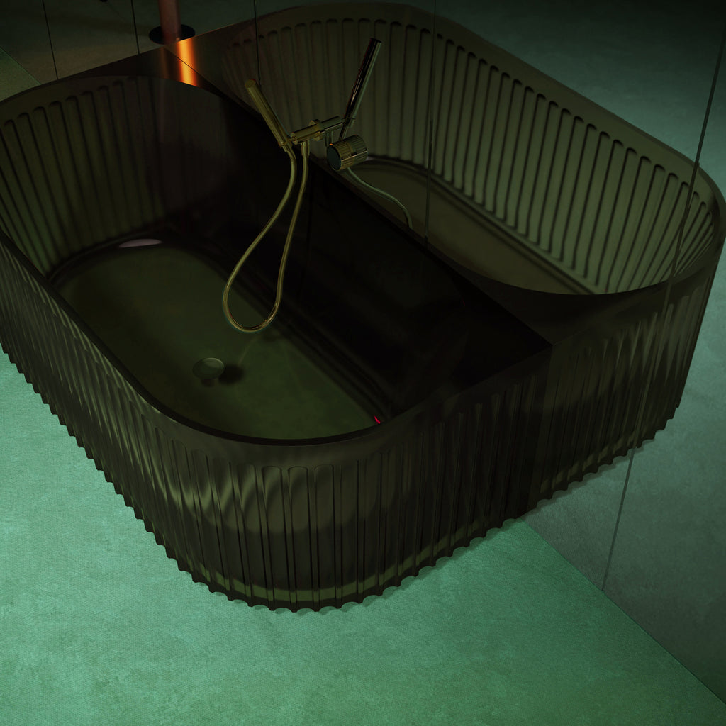 Bewater pretextbathtub Made of polyresin, with a vertically grooved outer structure, including drain fitting