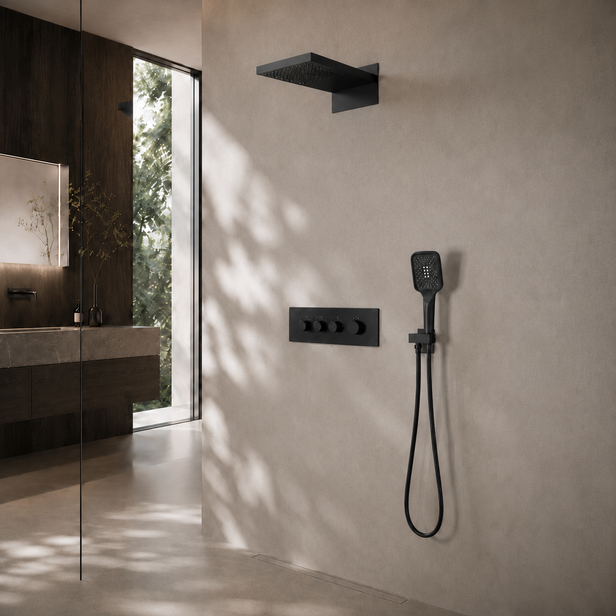 Bewater shower set, complete set with hand shower, Rain Shower including waterfall shower and concealed mixer