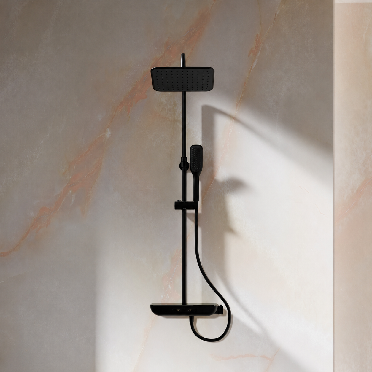 Steinberg shower set with glass shelf, thermostat, Rain Shower and hand shower