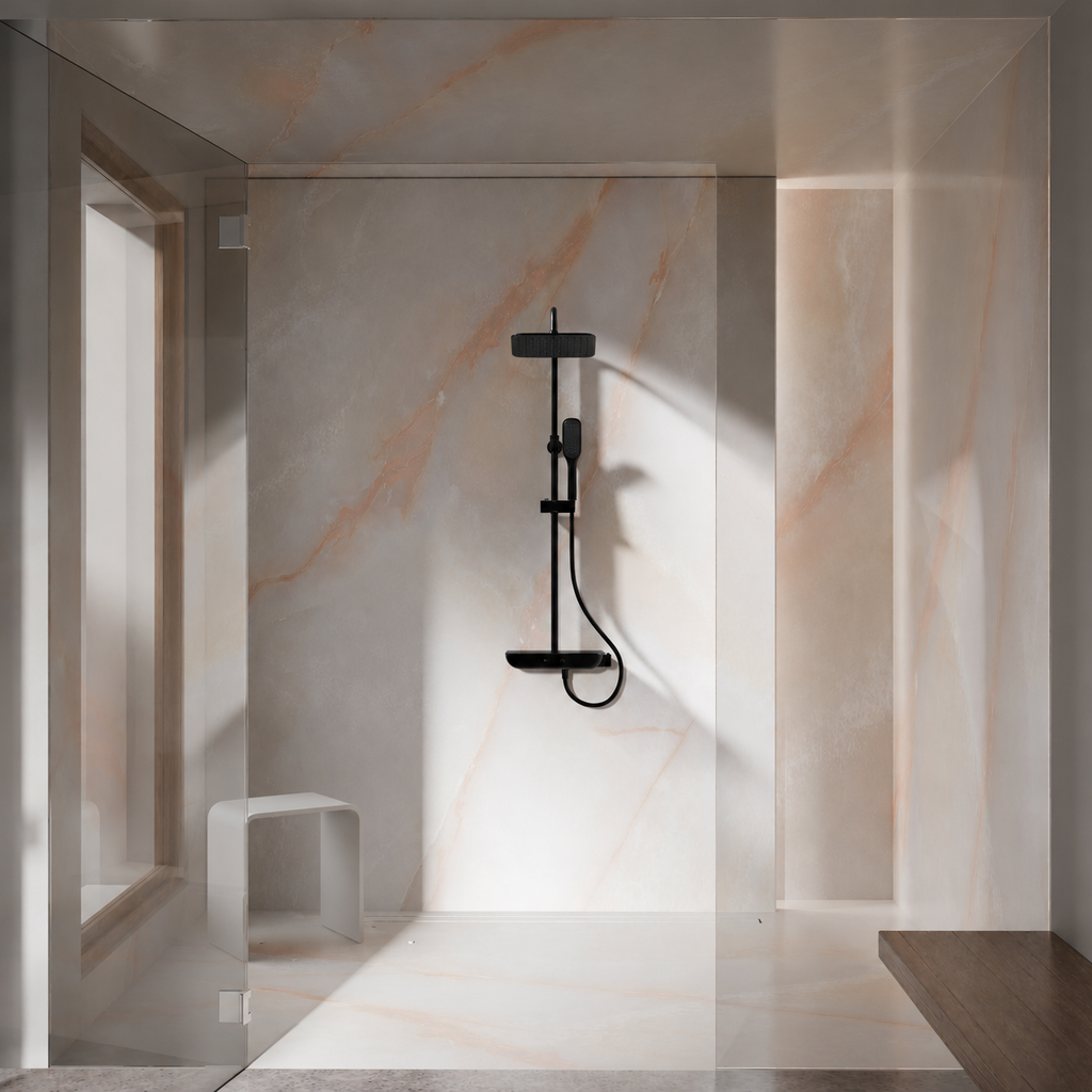 Steinberg Duschsystem mit Glasablage, Thermostat, Regenbrause und Stabhandbrause