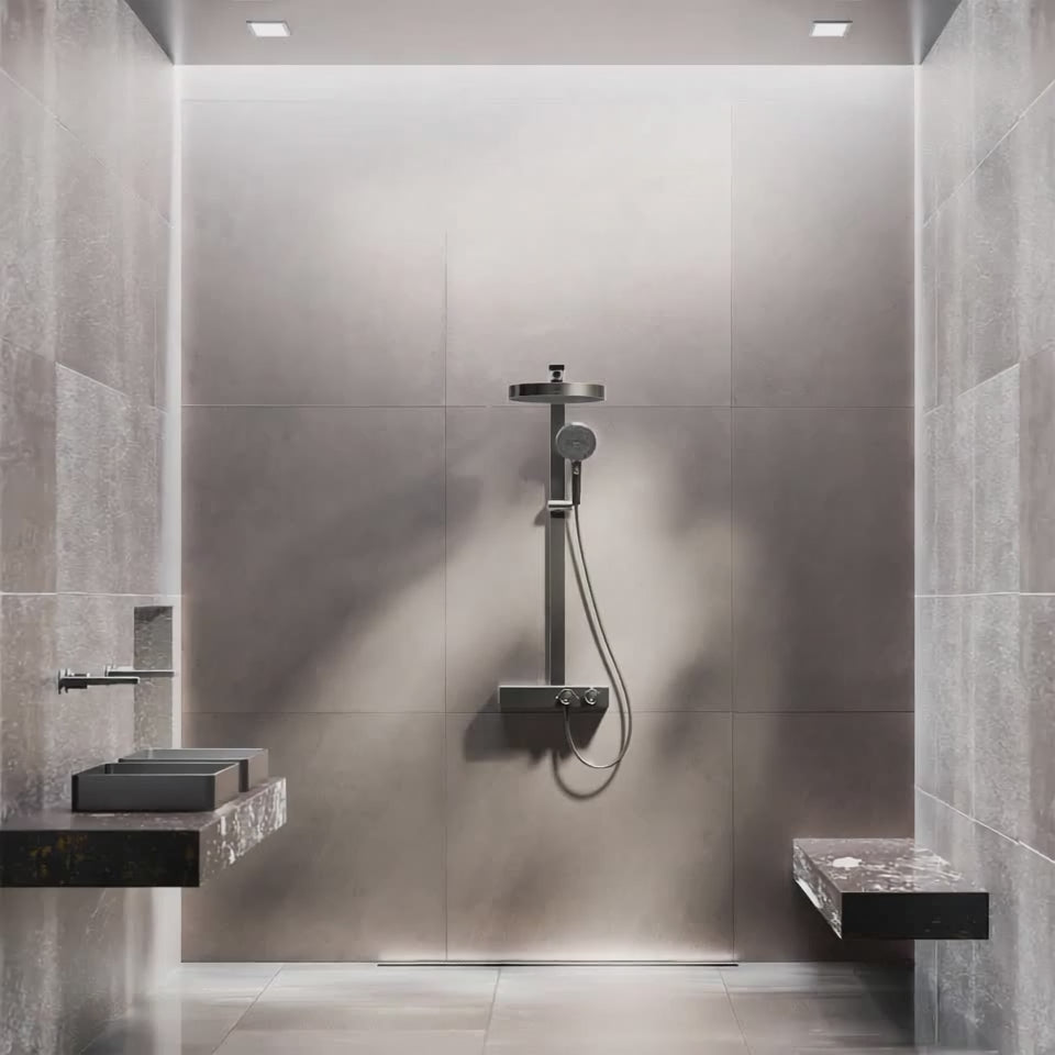 Steinberg shower set with glass shelf, thermostat with rotary knobs, Rain Shower and rod shower, Brushed Gold