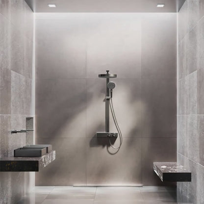 Steinberg Duschsystem mit Glasablage für 3 Verbraucher - Thermostat mit Drehknöpfen, Regenbrause, Handbrause & integriertem Schwall