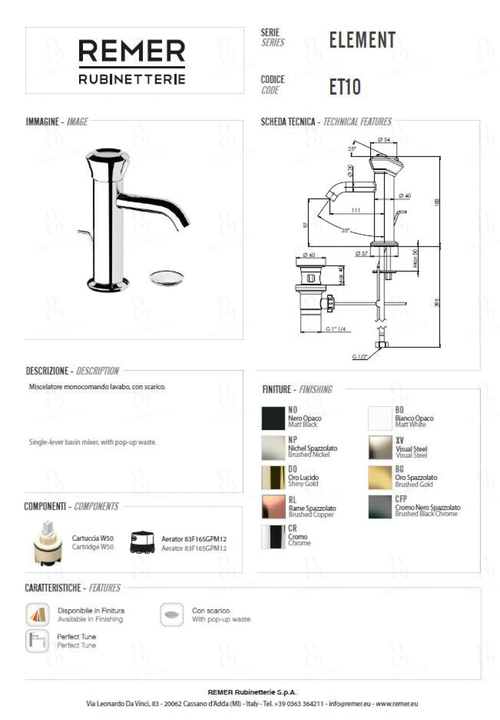 Remer Rub. Single lever basin mixer - Element series without drain fitting, matt black