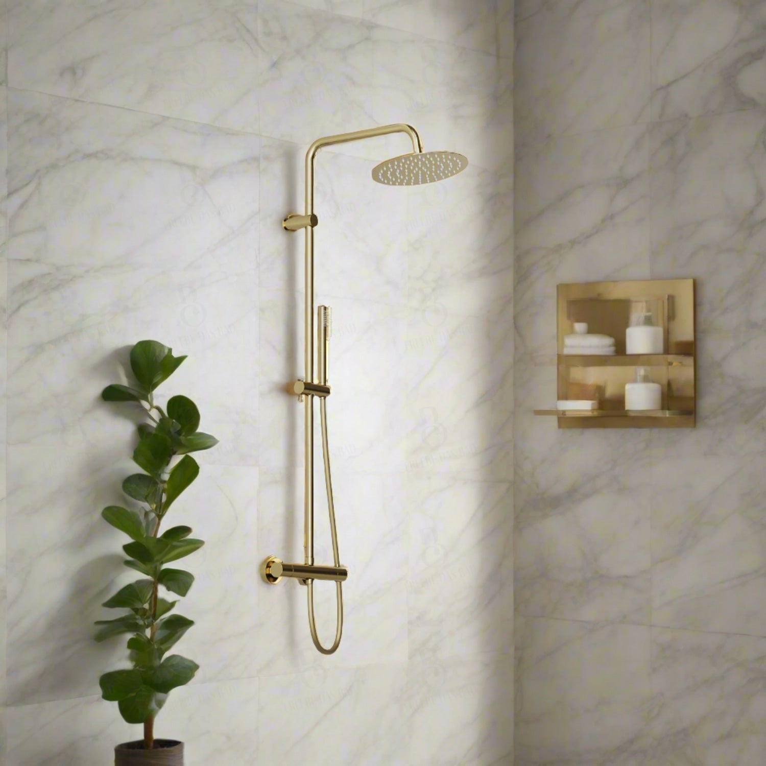 Steinberg Duschsystem Matt Gold Mit Thermostat Regenbrause Rund Und Stabhandbrause