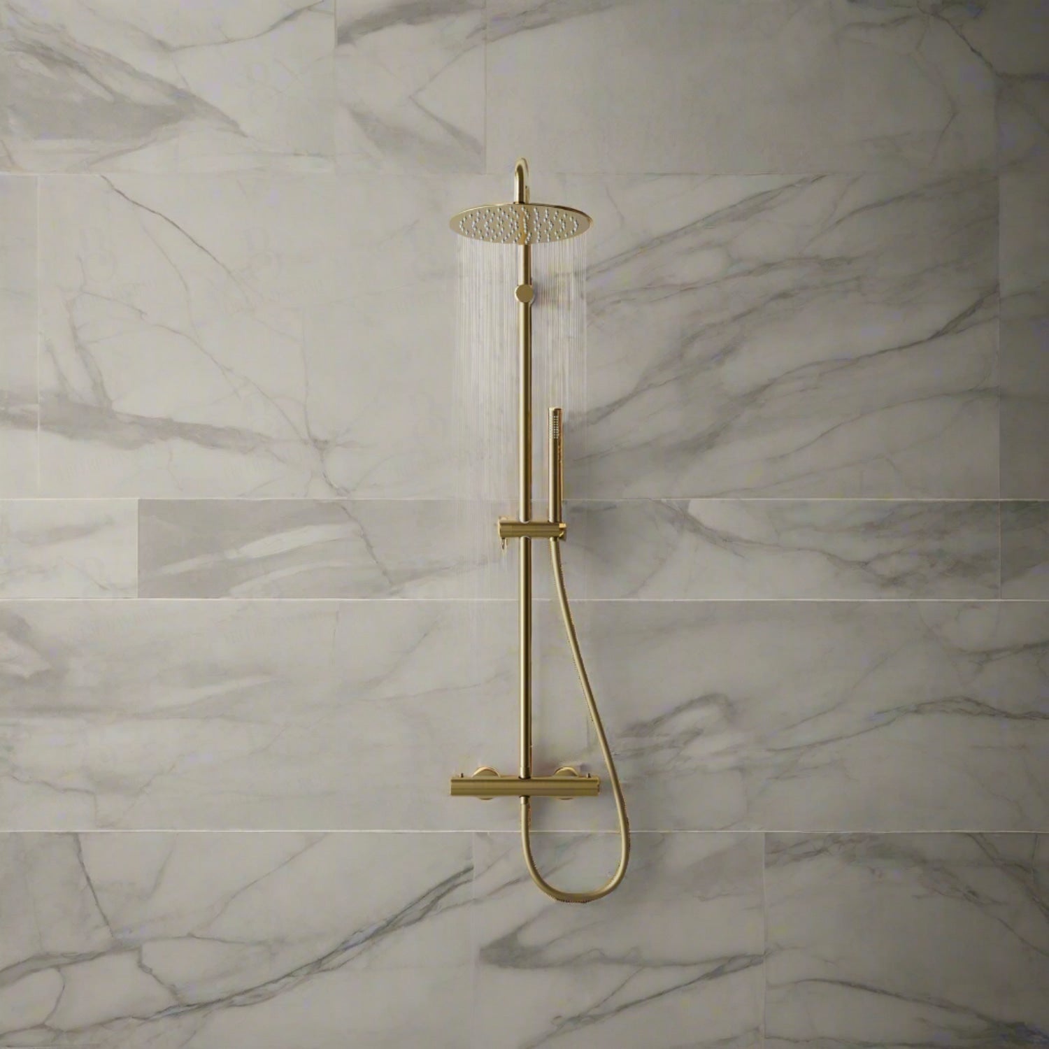 Steinberg Duschsystem Matt Gold Mit Thermostat Regenbrause Rund Und Stabhandbrause