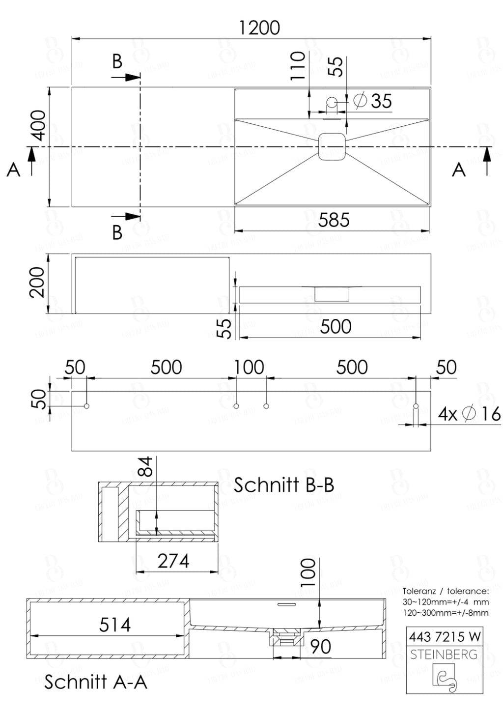 Steinberg Serie 443 - Wandwaschtisch - aus Solid Surface - weiß