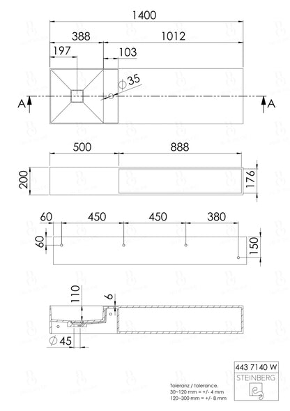 Steinberg Serie 443 - Wandwaschtisch - aus Solid Surface - weiß
