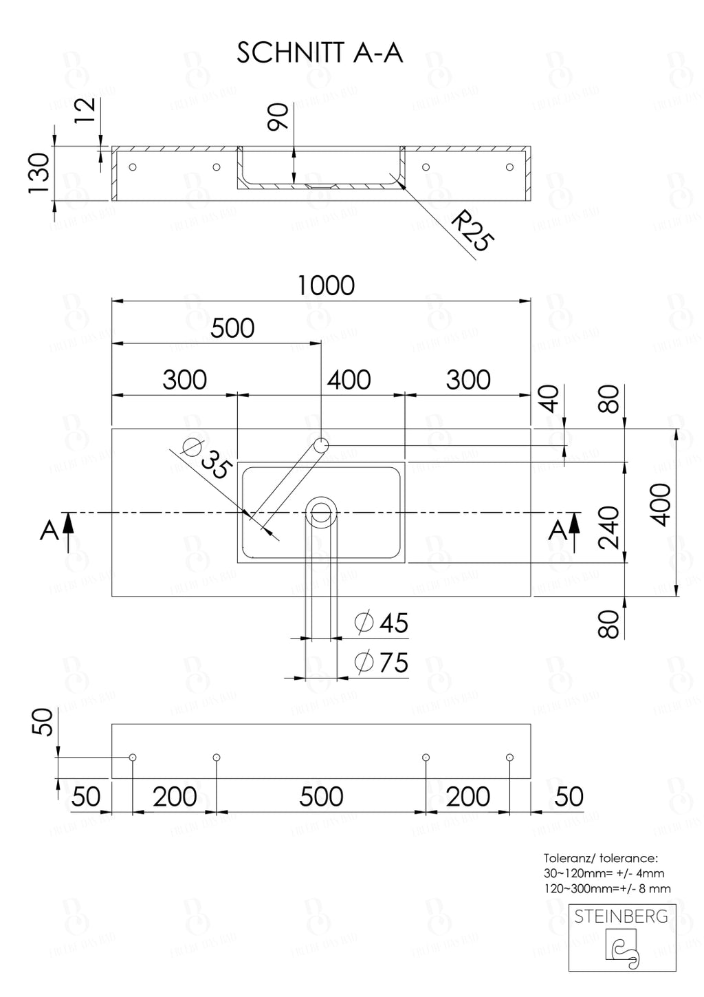 Steinberg Serie 444 - Wandwaschtisch - aus Solid Surface - weiß