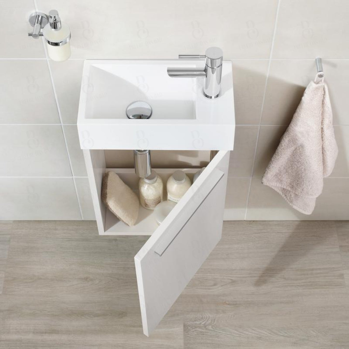 Kleines Waschbecken mit Unterschrank - für kleines Gäste WC – 39,5cm breit – Becken aus Mineralguss – Treos Serie 900 - Weiß Lack