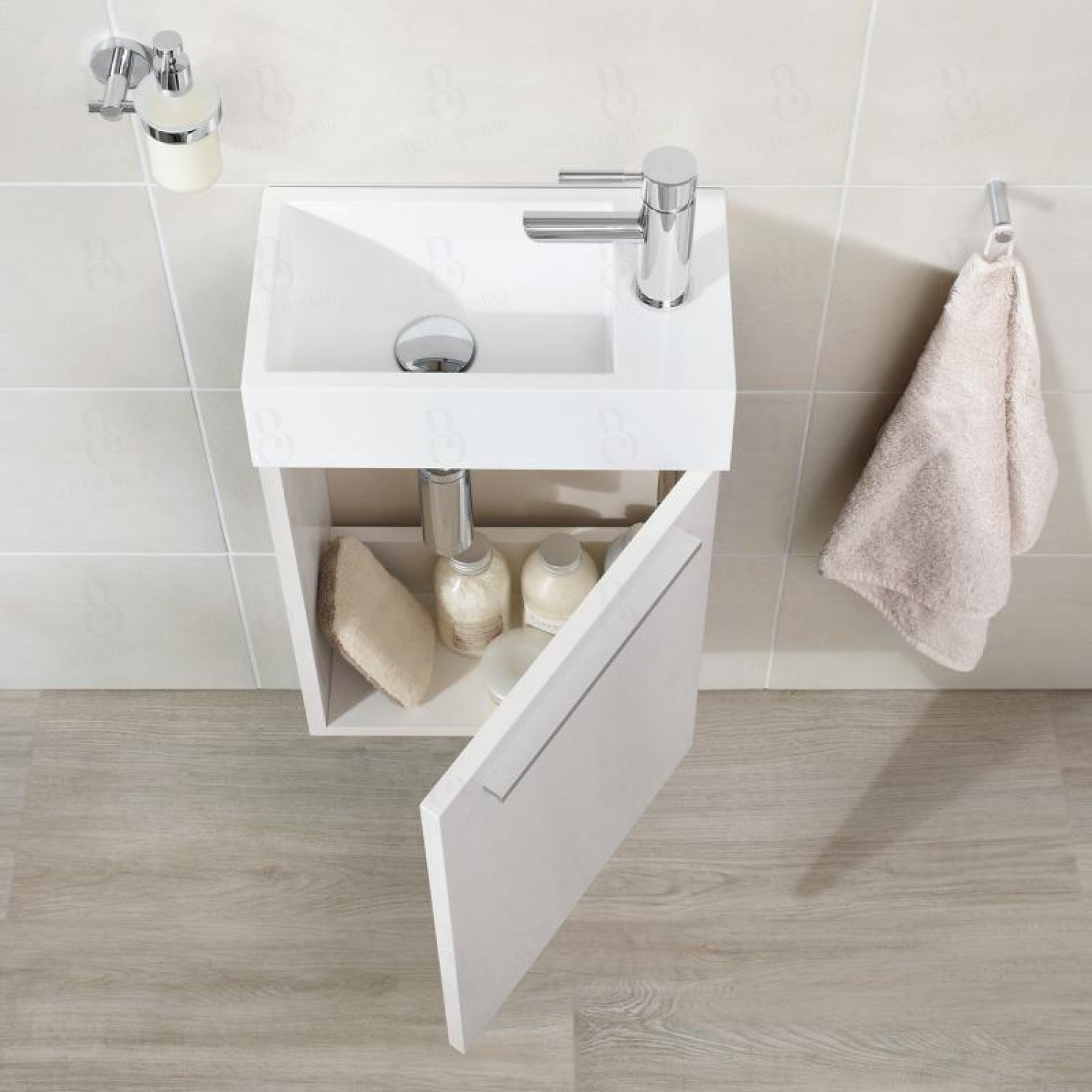 Kleines Waschbecken mit Unterschrank - für kleines Gäste WC – 39,5cm breit – Becken aus Mineralguss – Treos Serie 900 - Weiß Lack